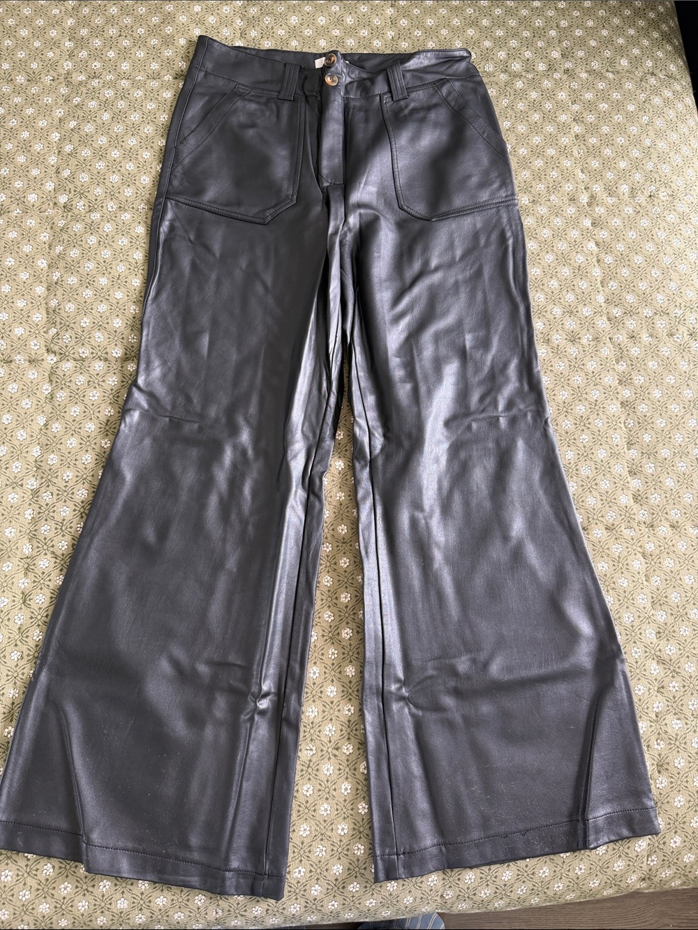Maeve Black Faux Leather Wide-Leg Pants